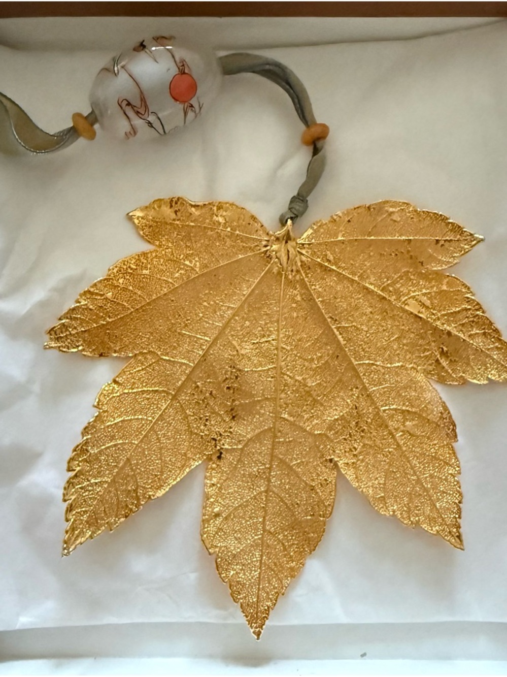 Gold Leaf Ornament with Crane Bead Accent by Still Life - Picture 2 of 9